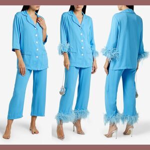 NEW $390 Sleeper [ Medium ] Removable Party Feather‎ Trimmed Pajama Set Blue